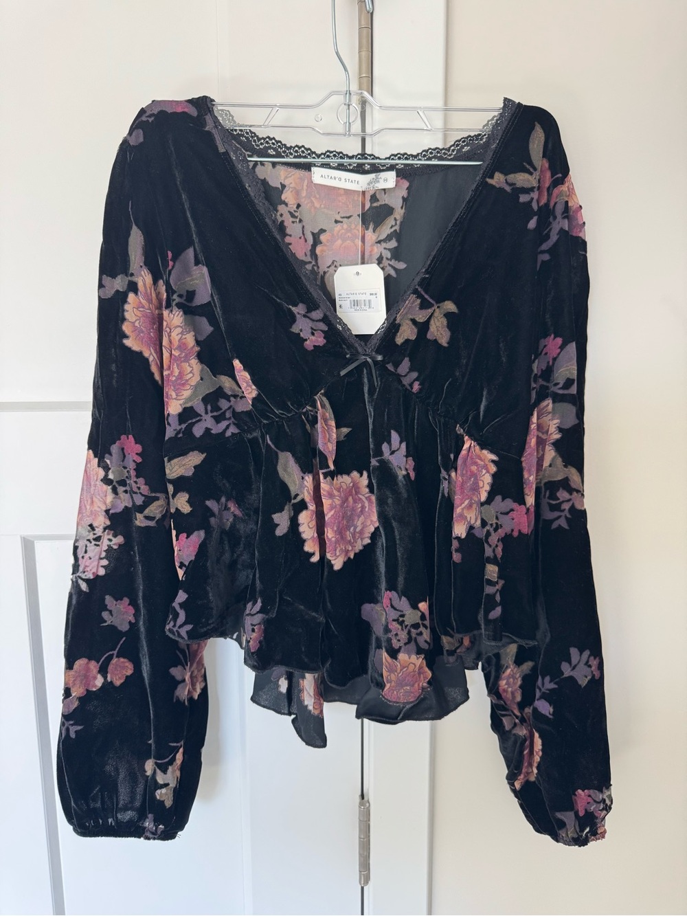 Altar'd State Black Velvet Floral Blouse